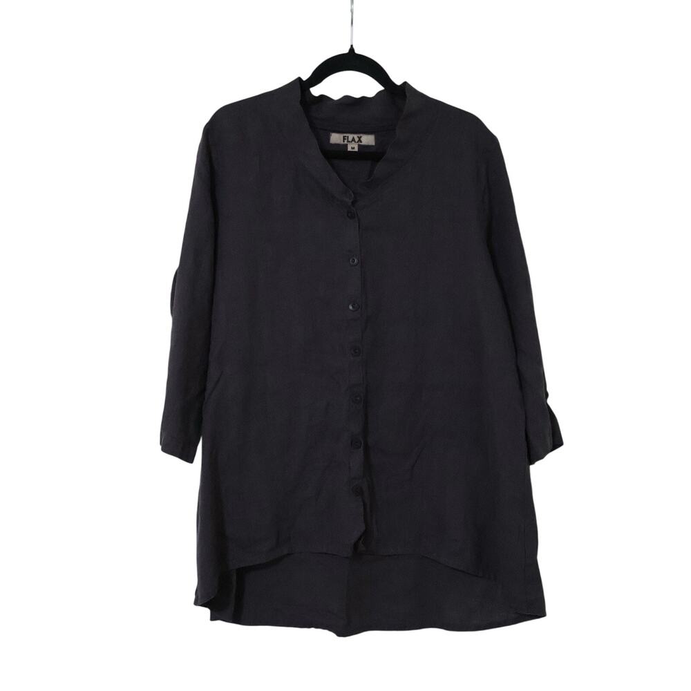 Flax Black Linen High Low Oversized Button Up Tunic Shirt M Lagenlook Cruisewear